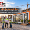 Modern portable container office in India by OZZON, featuring a prefabricated modular office cabin with large sliding glass windows, a steel-framed glass door, durable white and grey exterior, and orange accents. This portable site office provides a practical workspace solution for construction sites, industrial facilities, infrastructure projects, and remote business locations. Engineers review construction blueprints outside the portable office container, highlighting flexible, relocatable container office solutions, prefabricated office cabins, modular site offices, and temporary office spaces for businesses and construction projects in India.