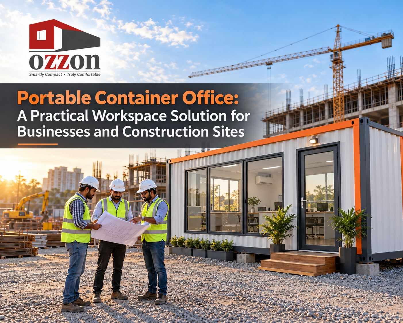 Modern portable container office in India by OZZON, featuring a prefabricated modular office cabin with large sliding glass windows, a steel-framed glass door, durable white and grey exterior, and orange accents. This portable site office provides a practical workspace solution for construction sites, industrial facilities, infrastructure projects, and remote business locations. Engineers review construction blueprints outside the portable office container, highlighting flexible, relocatable container office solutions, prefabricated office cabins, modular site offices, and temporary office spaces for businesses and construction projects in India.